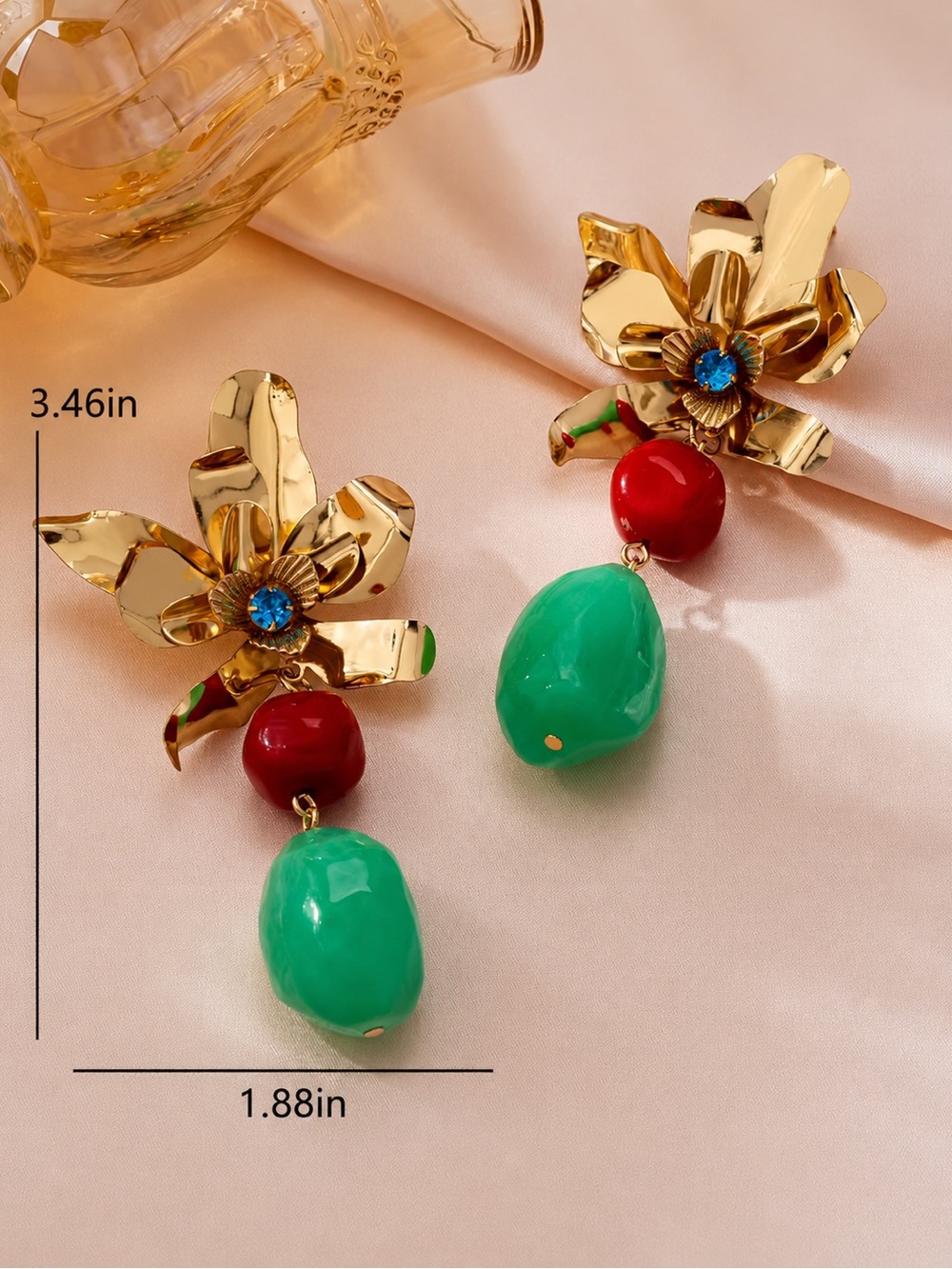 Zara Gold Tone Flower Drop Earrings with Red and Green Stones NWOT - Picture 5 of 5